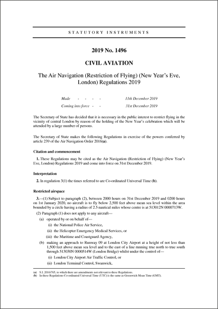 The Air Navigation (Restriction of Flying) (New Year’s Eve, London) Regulations 2019