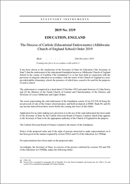 The Diocese of Carlisle (Educational Endowments) (Allithwaite Church of England School) Order 2019