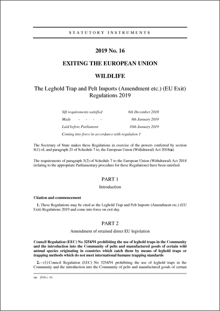 The Leghold Trap and Pelt Imports (Amendment etc.) (EU Exit) Regulations 2019