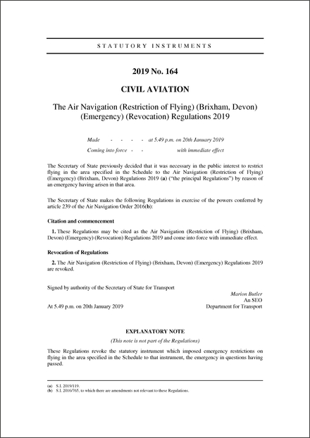 The Air Navigation (Restriction of Flying) (Brixham, Devon) (Emergency) (Revocation) Regulations 2019