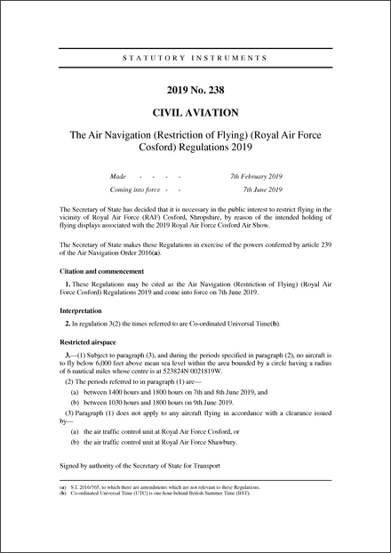 The Air Navigation (Restriction of Flying) (Royal Air Force Cosford) Regulations 2019