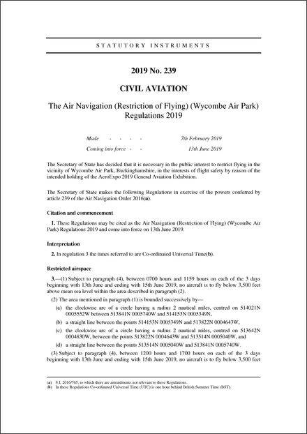 The Air Navigation (Restriction of Flying) (Wycombe Air Park) Regulations 2019
