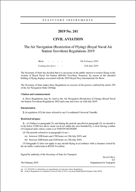 The Air Navigation (Restriction of Flying) (Royal Naval Air Station Yeovilton) Regulations 2019