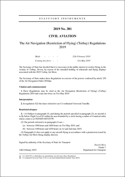 The Air Navigation (Restriction of Flying) (Torbay) Regulations 2019