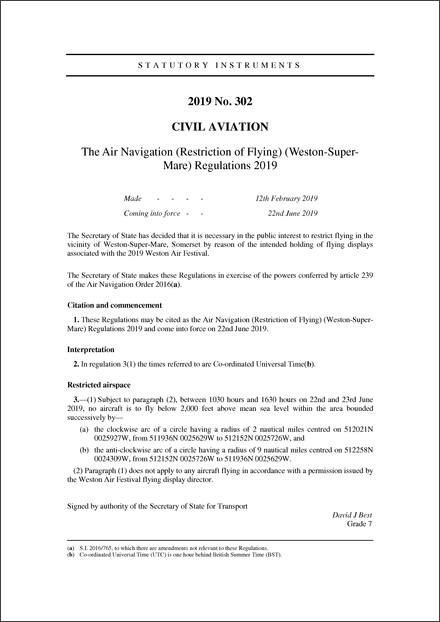 The Air Navigation (Restriction of Flying) (Weston-Super-Mare) Regulations 2019