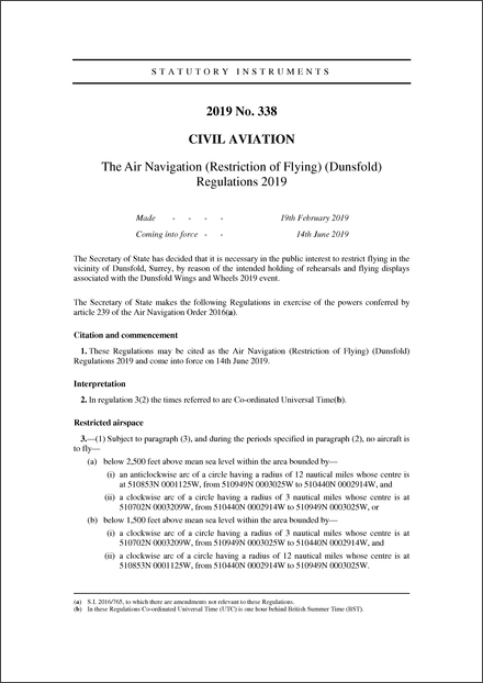 The Air Navigation (Restriction of Flying) (Dunsfold) Regulations 2019