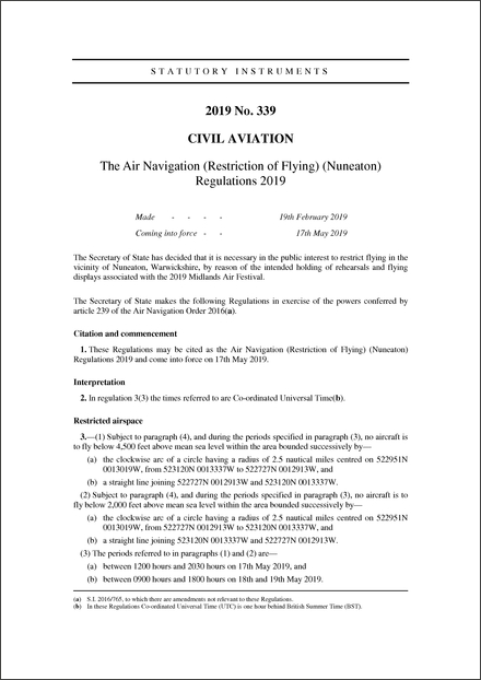 The Air Navigation (Restriction of Flying) (Nuneaton) Regulations 2019