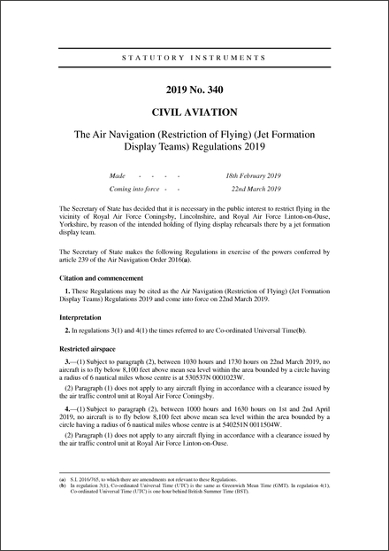 The Air Navigation (Restriction of Flying) (Jet Formation Display Teams) Regulations 2019