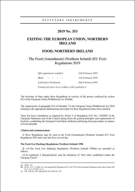 The Food (Amendment) (Northern Ireland) (EU Exit) Regulations 2019