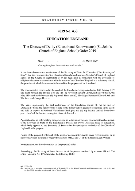 The Diocese of Derby (Educational Endowments) (St. John's Church of England School) Order 2019