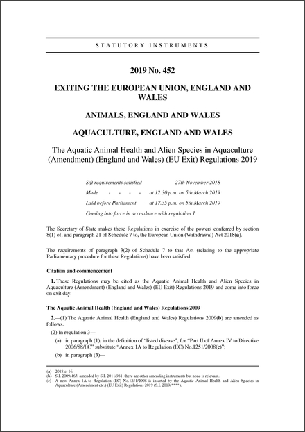 The Aquatic Animal Health and Alien Species in Aquaculture (Amendment) (England and Wales) (EU Exit) Regulations 2019