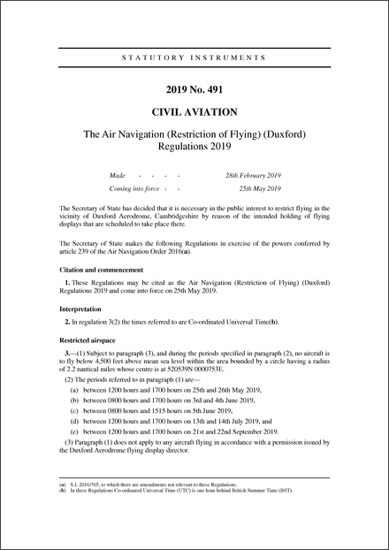 The Air Navigation (Restriction of Flying) (Duxford) Regulations 2019