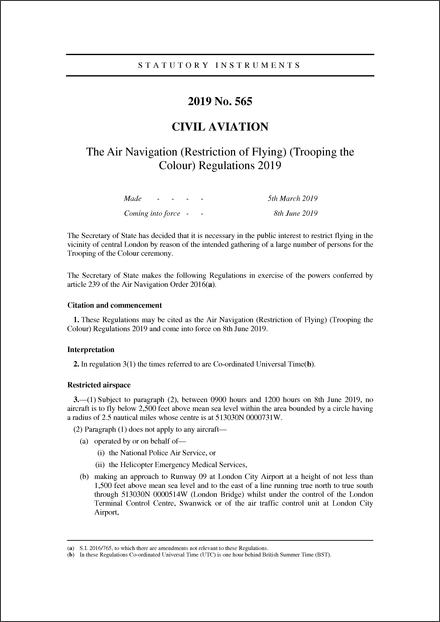 The Air Navigation (Restriction of Flying) (Trooping the Colour) Regulations 2019