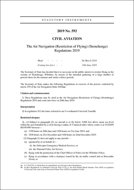 The Air Navigation (Restriction of Flying) (Stonehenge) Regulations 2019