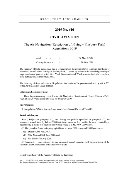 The Air Navigation (Restriction of Flying) (Finsbury Park) Regulations 2019