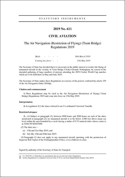 The Air Navigation (Restriction of Flying) (Trent Bridge) Regulations 2019
