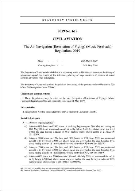 The Air Navigation (Restriction of Flying) (Music Festivals) Regulations 2019