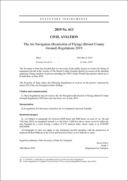 The Air Navigation (Restriction of Flying) (Bristol County Ground) Regulations 2019