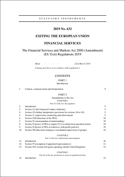The Financial Services and Markets Act 2000 (Amendment) (EU Exit) Regulations 2019