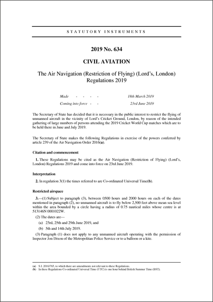 The Air Navigation (Restriction of Flying) (Lord's, London) Regulations 2019