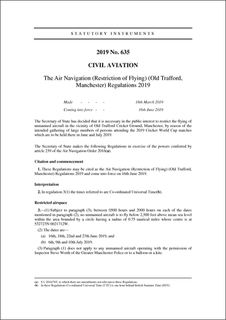 The Air Navigation (Restriction of Flying) (Old Trafford, Manchester) Regulations 2019