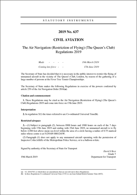 The Air Navigation (Restriction of Flying) (The Queen's Club) Regulations 2019