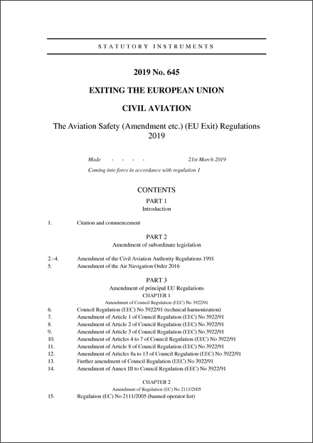 The Aviation Safety (Amendment etc.) (EU Exit) Regulations 2019