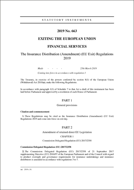 The Insurance Distribution (Amendment) (EU Exit) Regulations 2019
