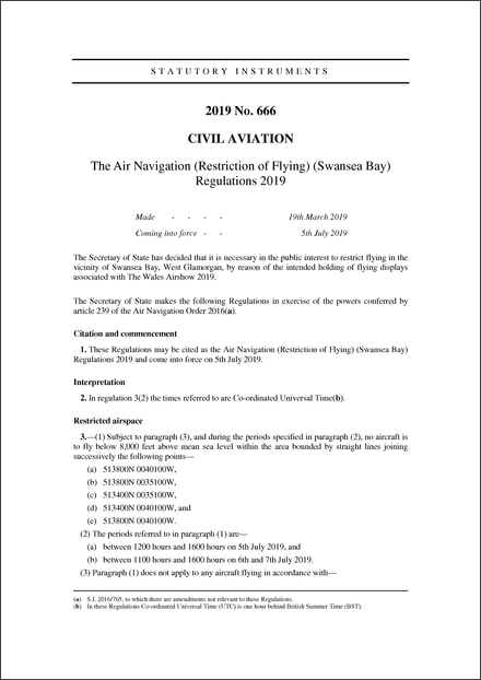 The Air Navigation (Restriction of Flying) (Swansea Bay) Regulations 2019
