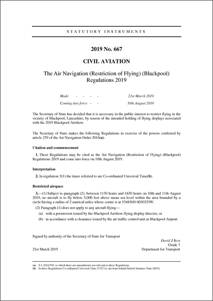 The Air Navigation (Restriction of Flying) (Blackpool) Regulations 2019