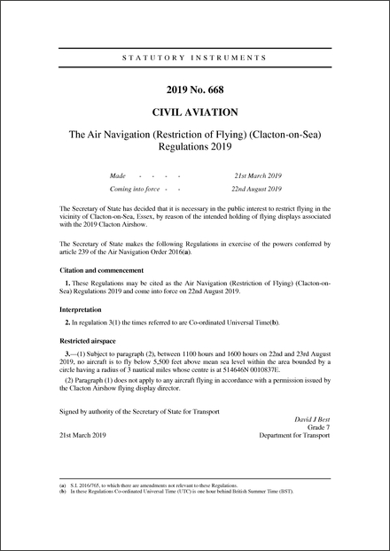 The Air Navigation (Restriction of Flying) (Clacton-on-Sea) Regulations 2019