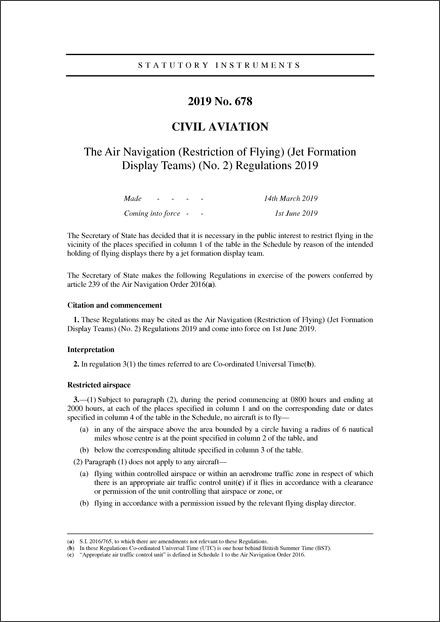 The Air Navigation (Restriction of Flying) (Jet Formation Display Teams) (No. 2) Regulations 2019