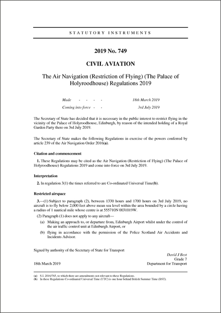The Air Navigation (Restriction of Flying) (The Palace of Holyroodhouse) Regulations 2019