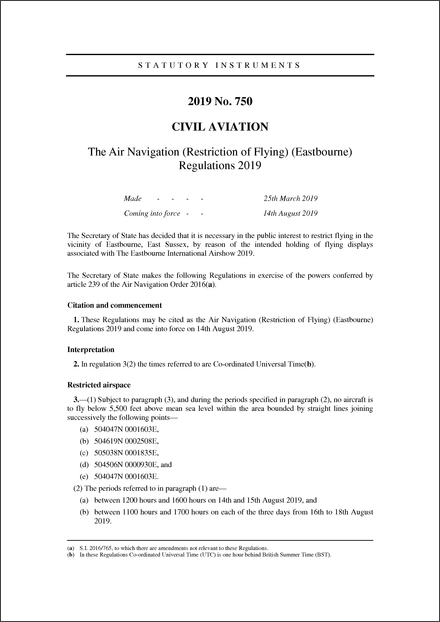 The Air Navigation (Restriction of Flying) (Eastbourne) Regulations 2019