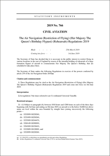The Air Navigation (Restriction of Flying) (Her Majesty The Queen's Birthday Flypast) (Rehearsals) Regulations 2019