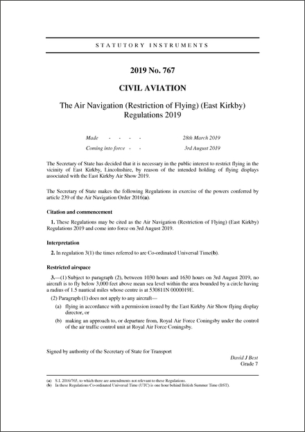 The Air Navigation (Restriction of Flying) (East Kirkby) Regulations 2019