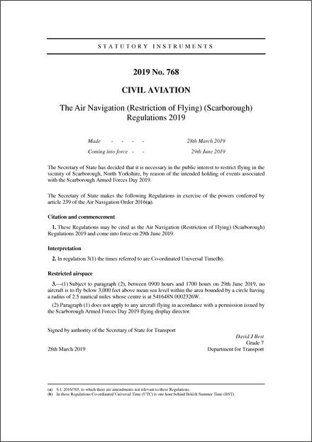 The Air Navigation (Restriction of Flying) (Scarborough) Regulations 2019