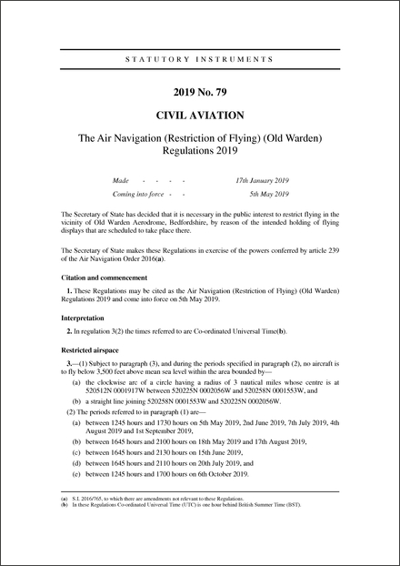 The Air Navigation (Restriction of Flying) (Old Warden) Regulations 2019