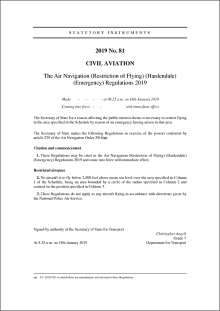 The Air Navigation (Restriction of Flying) (Hardendale) (Emergency) Regulations 2019