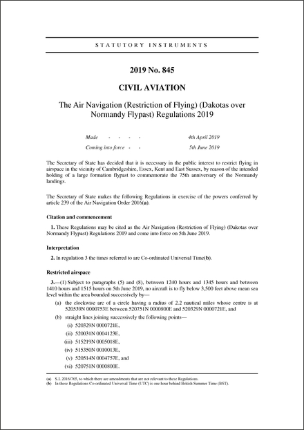 The Air Navigation (Restriction of Flying) (Dakotas over Normandy Flypast) Regulations 2019