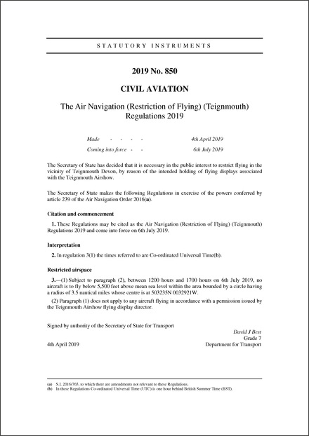 The Air Navigation (Restriction of Flying) (Teignmouth) Regulations 2019