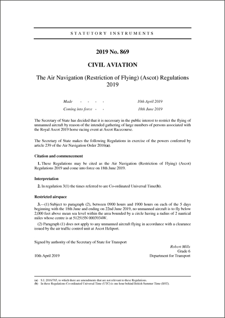 The Air Navigation (Restriction of Flying) (Ascot) Regulations