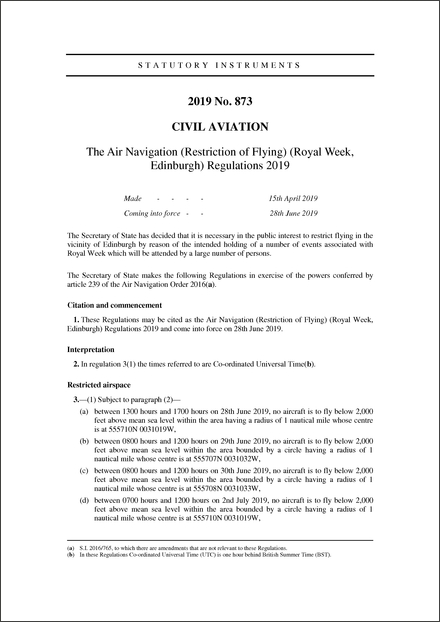 The Air Navigation (Restriction of Flying) (Royal Week, Edinburgh) Regulations 2019