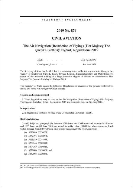 The Air Navigation (Restriction of Flying) (Her Majesty The Queen’s Birthday Flypast) Regulations 2019