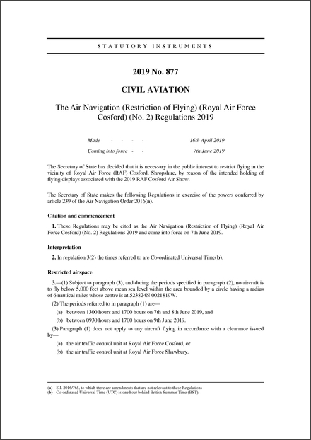 The Air Navigation (Restriction of Flying) (Royal Air Force Cosford) (No. 2) Regulations 2019