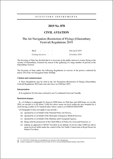 The Air Navigation (Restriction of Flying) (Glastonbury Festival) Regulations 2019