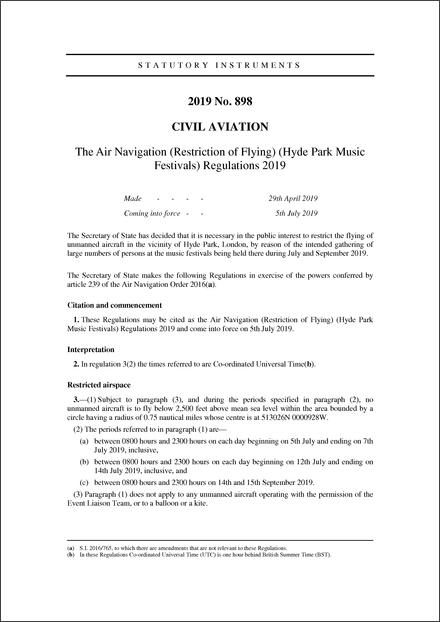 The Air Navigation (Restriction of Flying) (Hyde Park Music Festivals) Regulations 2019
