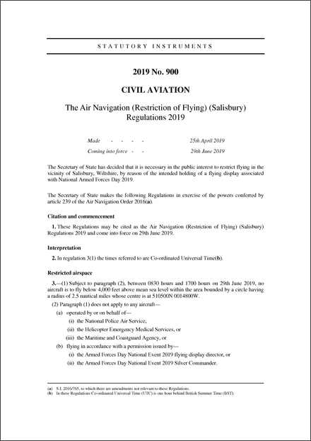 The Air Navigation (Restriction of Flying) (Salisbury) Regulations 2019