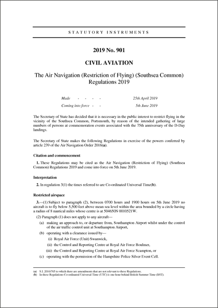 The Air Navigation (Restriction of Flying) (Southsea Common) Regulations 2019