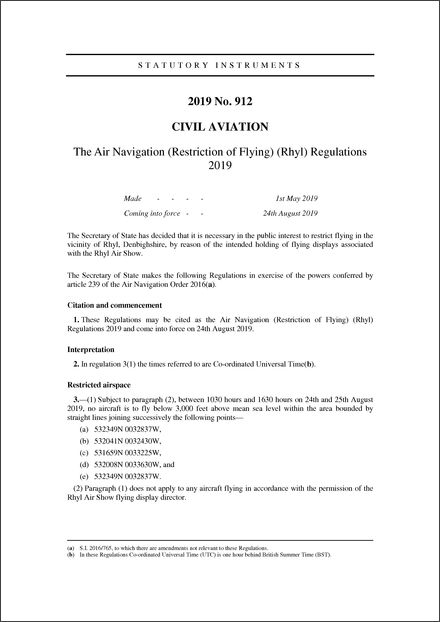 The Air Navigation (Restriction of Flying) (Rhyl) Regulations 2019